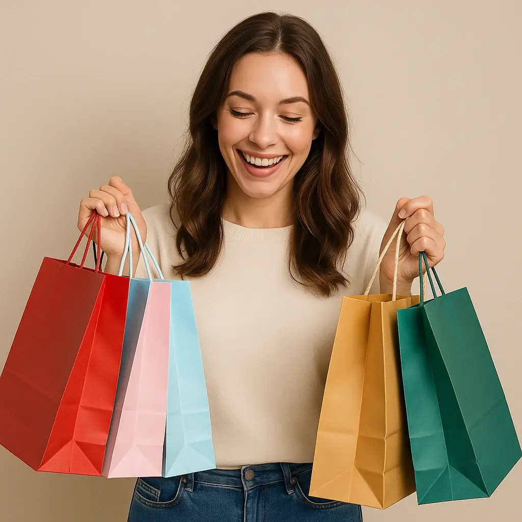 About Us 1 Smiling woman holding colorful shopping bags in both hands, expressing joy after a great shopping experience.