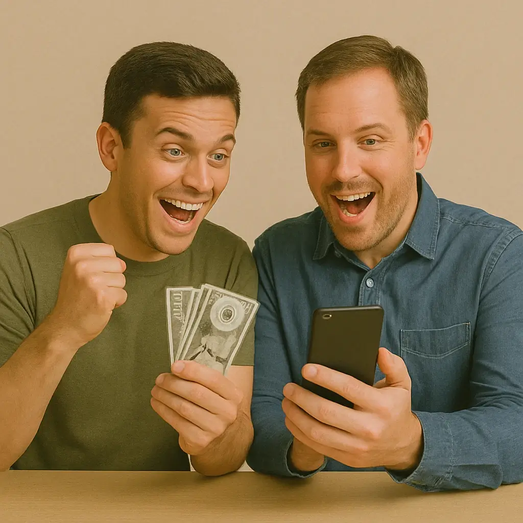About Us 7 Two happy men looking at a smartphone and celebrating with cash in hand, excited after receiving a deal or cashback online