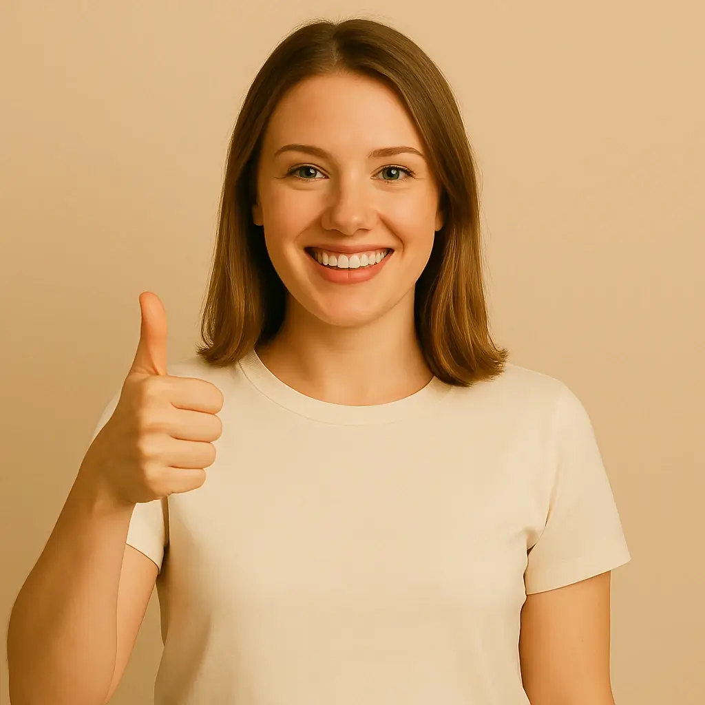 Cheerful woman smiling and giving a thumbs up gesture, showing approval and positivity