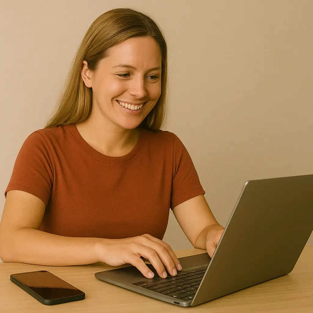About Us 3 Cheerful woman typing on a laptop while shopping or browsing deals online, with a smartphone placed beside her on the desk