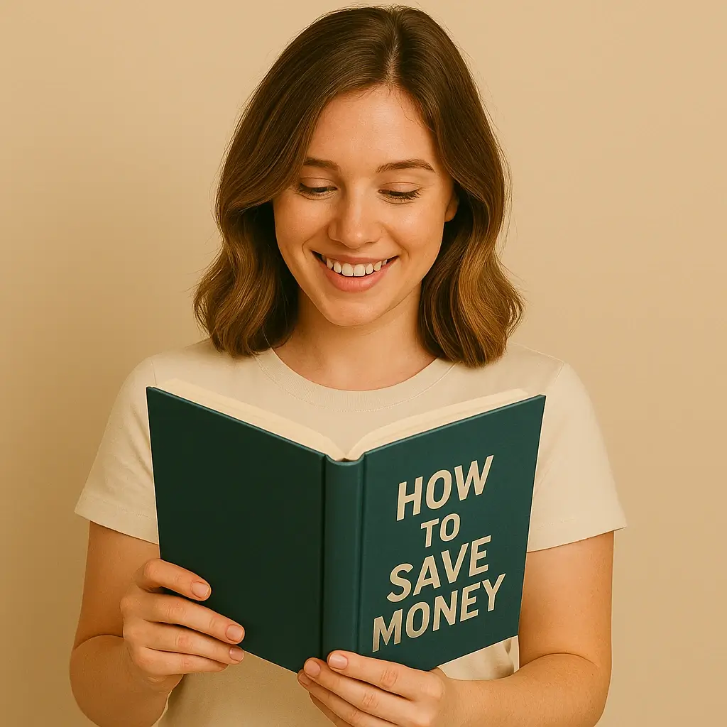 About Us 6 Smiling woman reading a book titled "How to Save Money," gaining knowledge about personal finance and budgeting