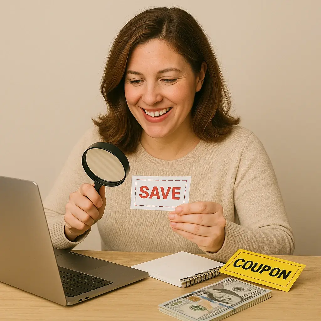 About Us 2 Smiling woman using a magnifying glass to examine a coupon with the word “SAVE” while sitting at a desk with a laptop, notepad, and dollar bills