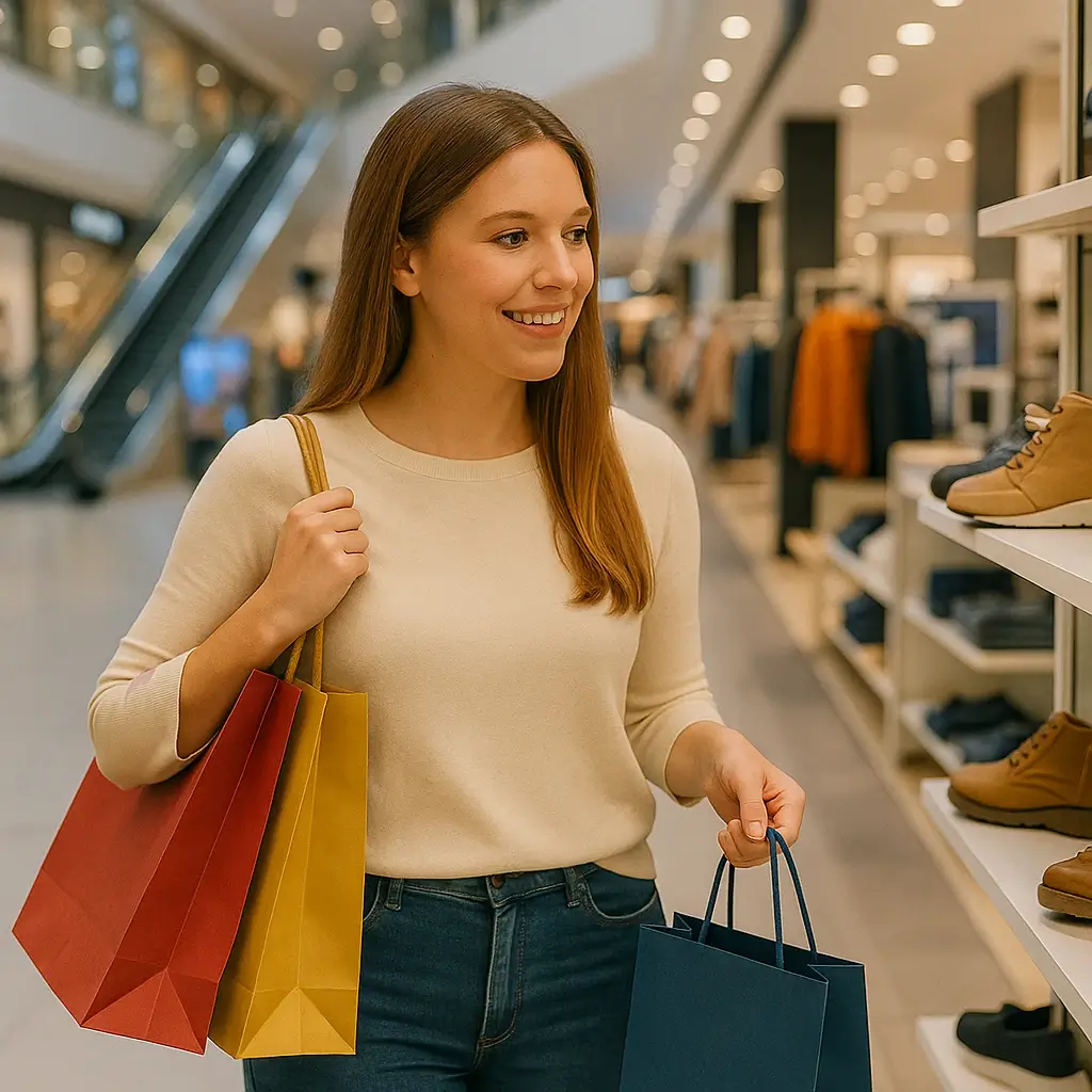 About Us 4 Smiling woman holding shopping bags while browsing a shoe store in a mall, enjoying a retail shopping experience